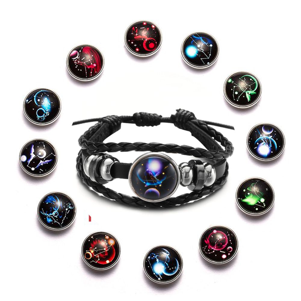 Handmade Adjustable Men Women Print Leather Luminous 12 Constellation Zodiac Signs Bracelet Braided