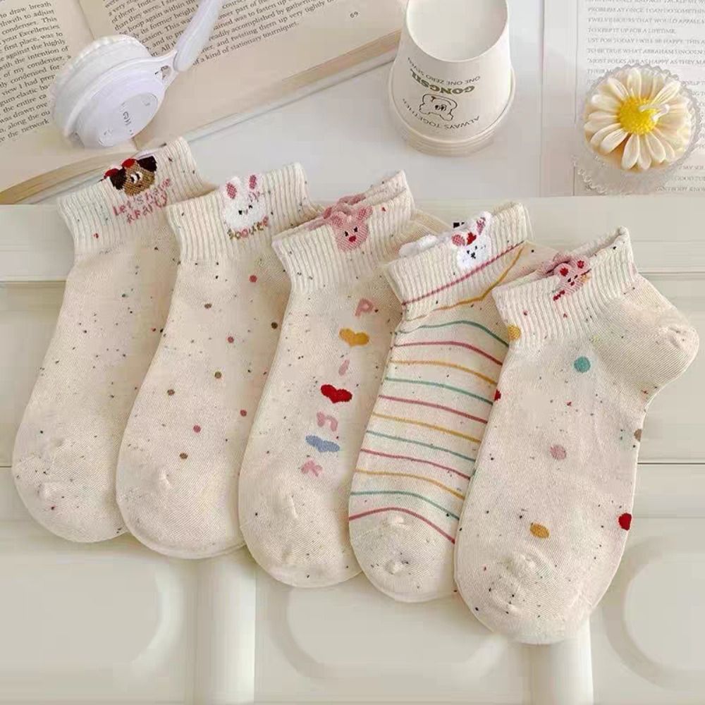5 Pairs/Set Cute Rabbit Embroidered Printing Women Short Socks Cat Pattern Breathable Low Cuff Socks Anti Slip Comfortable Cotton Socks Women's Girl's