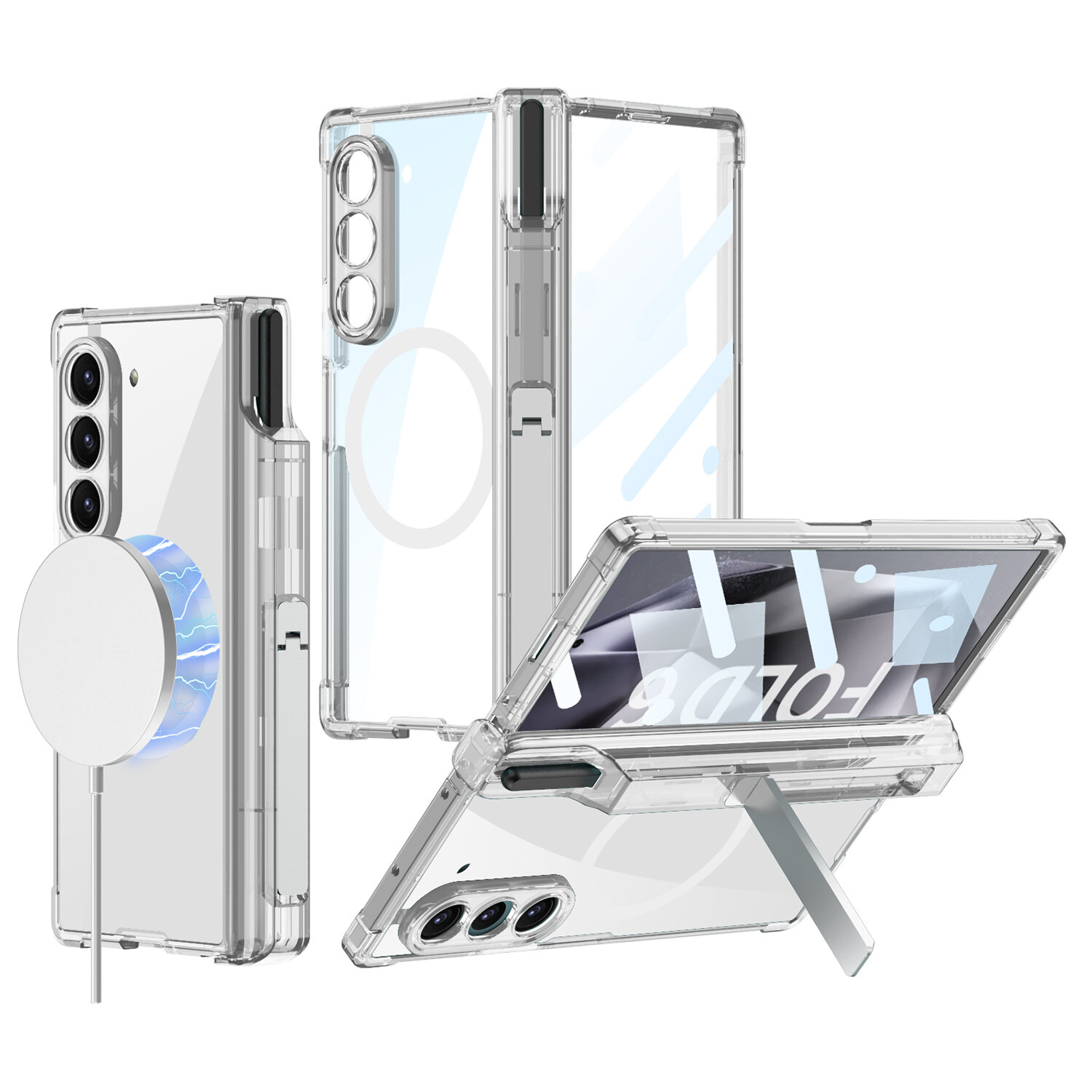 HODON Clear Magnetic for Magsafe Phone Case For Samsung Galaxy Z Fold 6 Z Fold 5 Cases Shockproof Built-in Screen Protect Pen Slot Holder Kickstand Cover No Pen