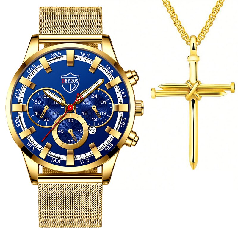 2PCS Set Fashion Mens Business Watches Luxury Male Casual Stainless Steel Mesh Belt Quartz Watch man Necklace Wrist Watch Bles Online DZ-7C-05