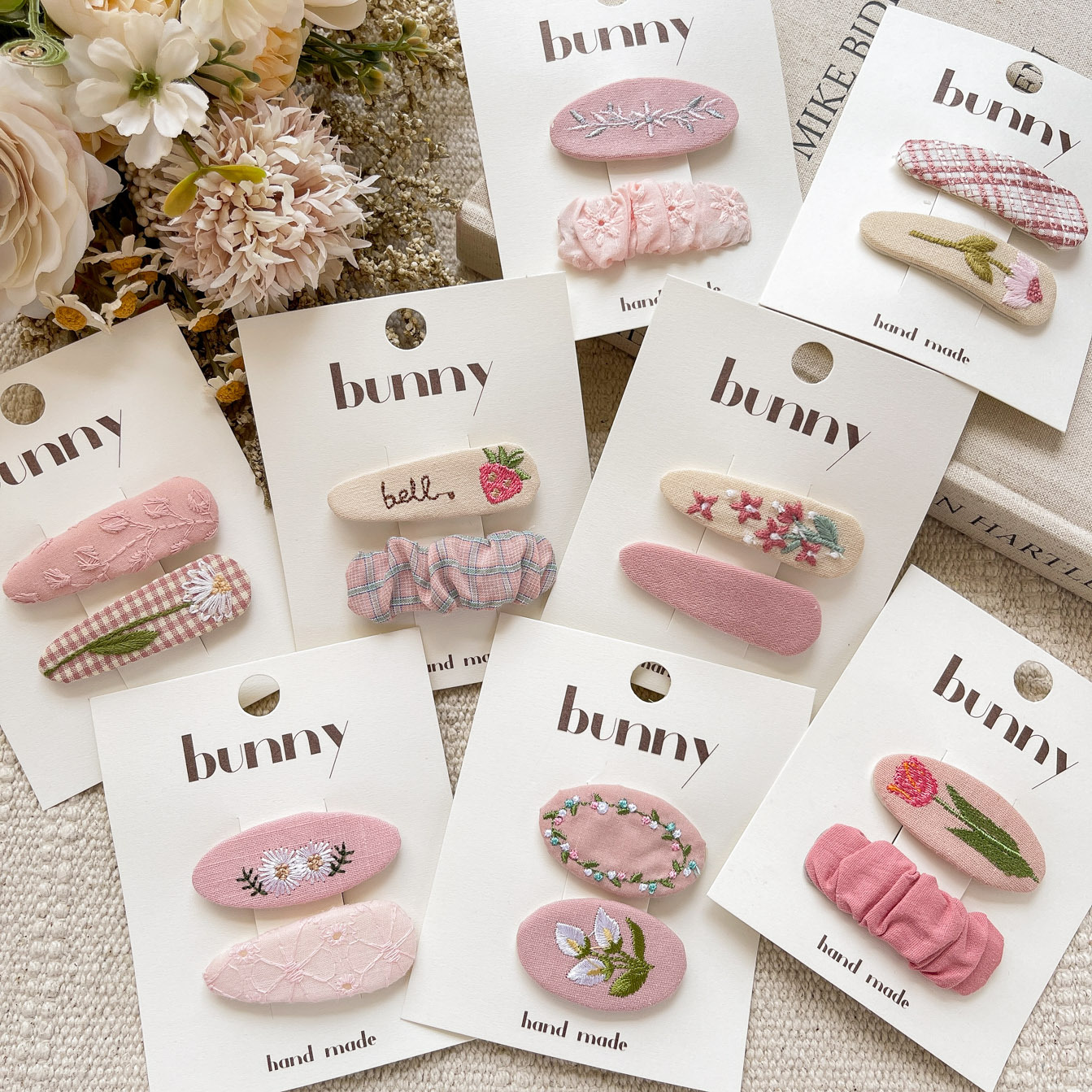New sweet pink fabric floral embroidery children's baby clip gentle style cute and versatile little girl hair accessories