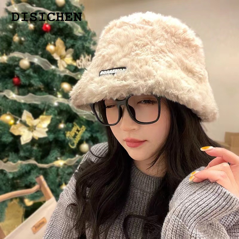 DISICHEN Original Hats women White plush fisherman hat female autumn and winter Korean version ins show face small bucket hat winter furry hat warm tide