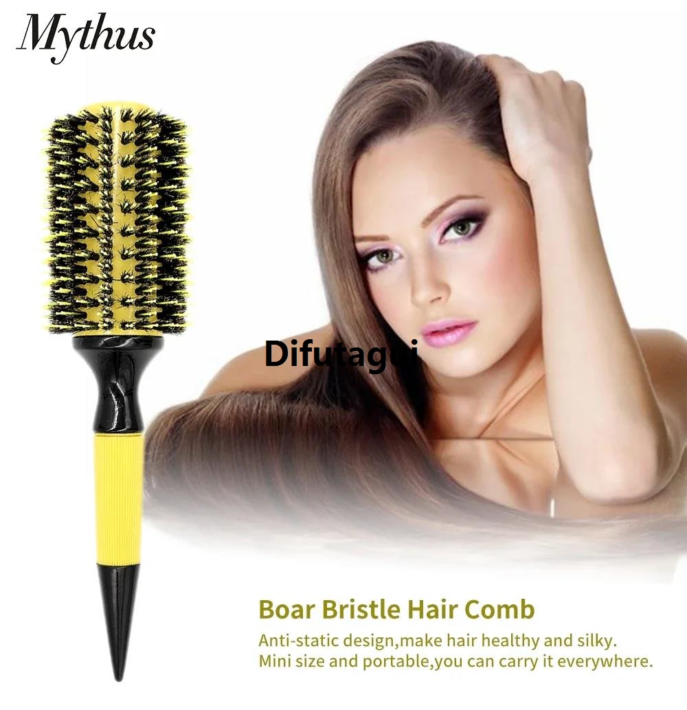 Difutagui Hairpins brazilian yellow tool nylon bristle wild boar breed hairbrush New style wooden round professional 6 size mixed salon ladies hairstyle