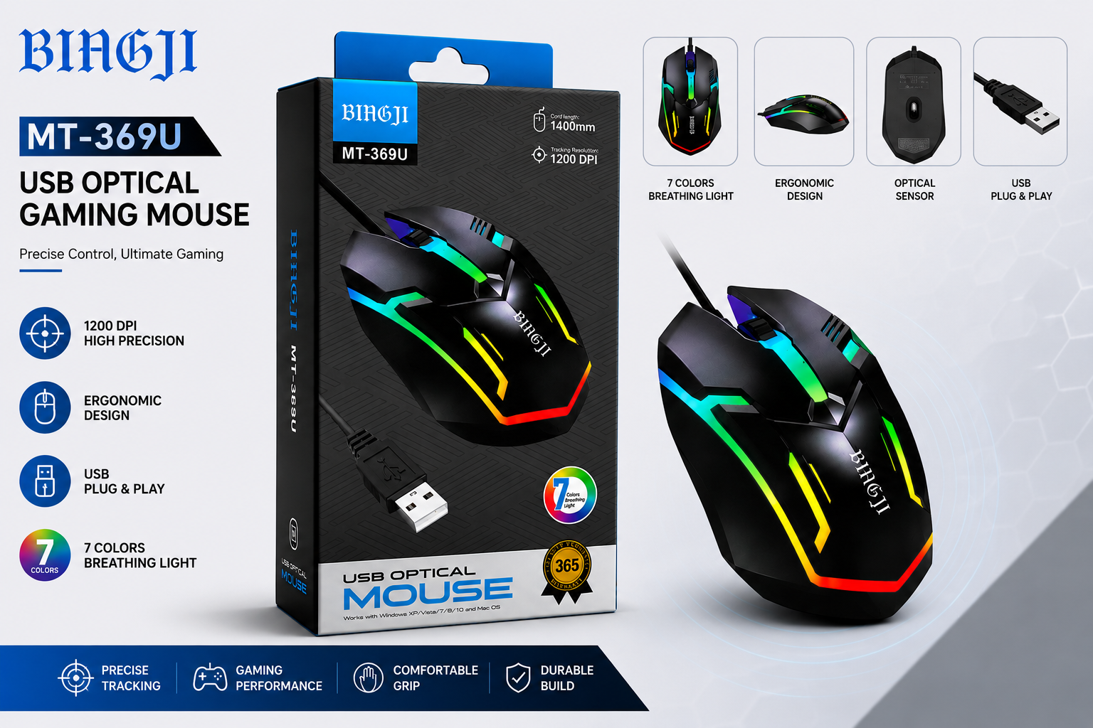 BINGJI MT-369U USB Optical Gaming Mouse RGB Light 1200 DPI Wired Mouse