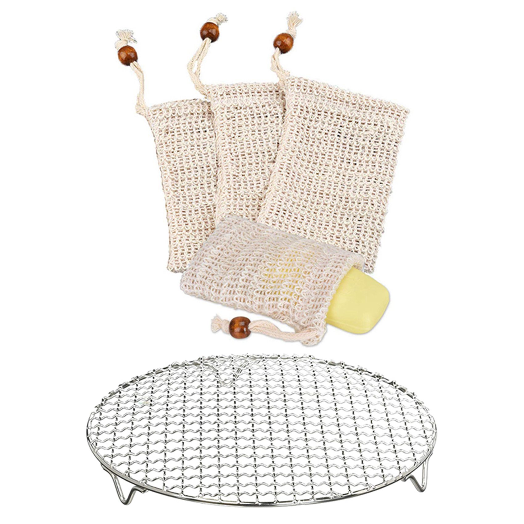 NAMUNY 4X Soap Bag, Soap Bag Ramie, Organic Soap Bag, Soap Bag with 304 Stainless Multipurpose Steel Round Grill Net