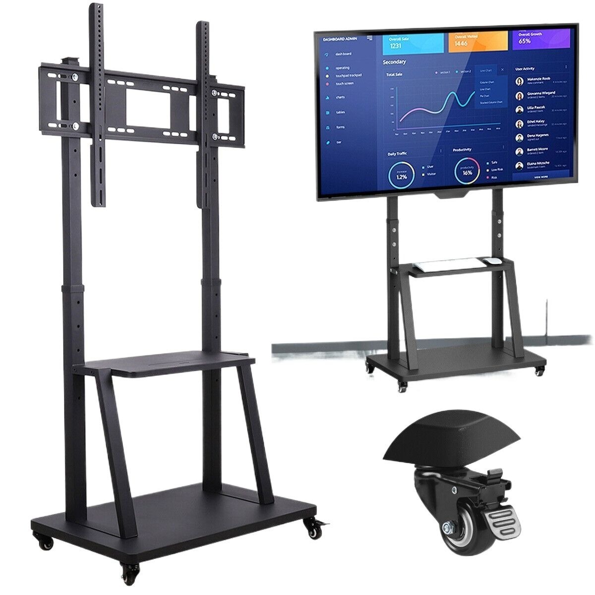 Portable TV Cart Height Adjustable - 32 to 65 Inch Mobile TV Stand with Webcam Shelf/Wheels, Floor Trolley for School/Office