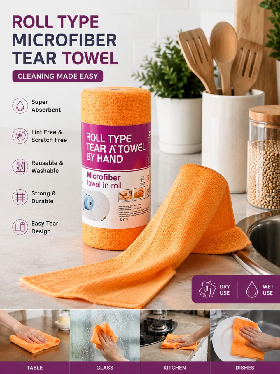 Microfiber Cleaning Cloth Roll Reusable Tear-Away Towels Washable Super Absorbent Lint Free Cleaning Rags for Kitchen, Car, Garage and Home