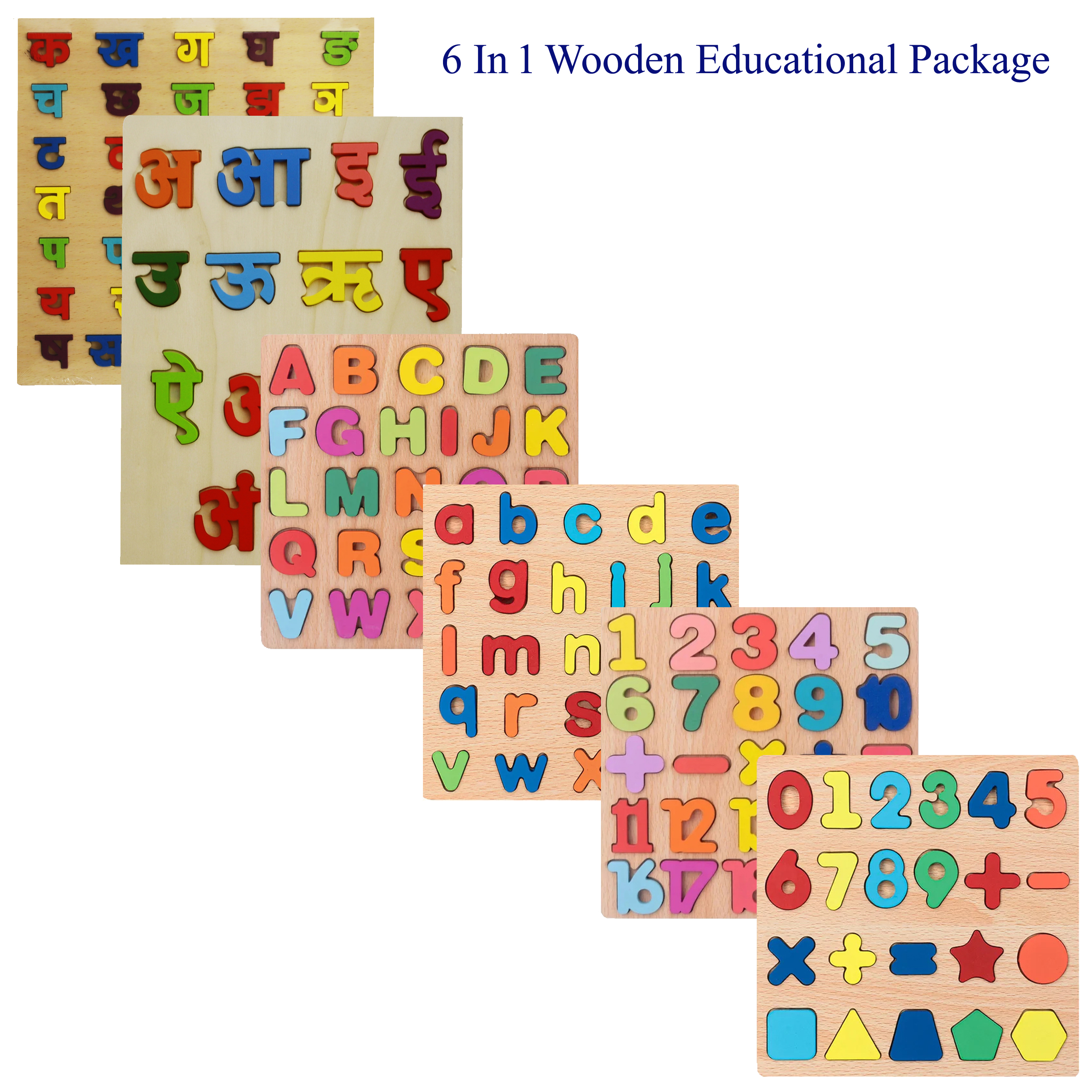 6-in-1 Wooden Educational Puzzle Board Set for Kids - Nepali Varnamala (Ka Kha Ga), English Alphabets (ABCD), Numbers & Math - Montessori Early Learning Toy & Gift Package