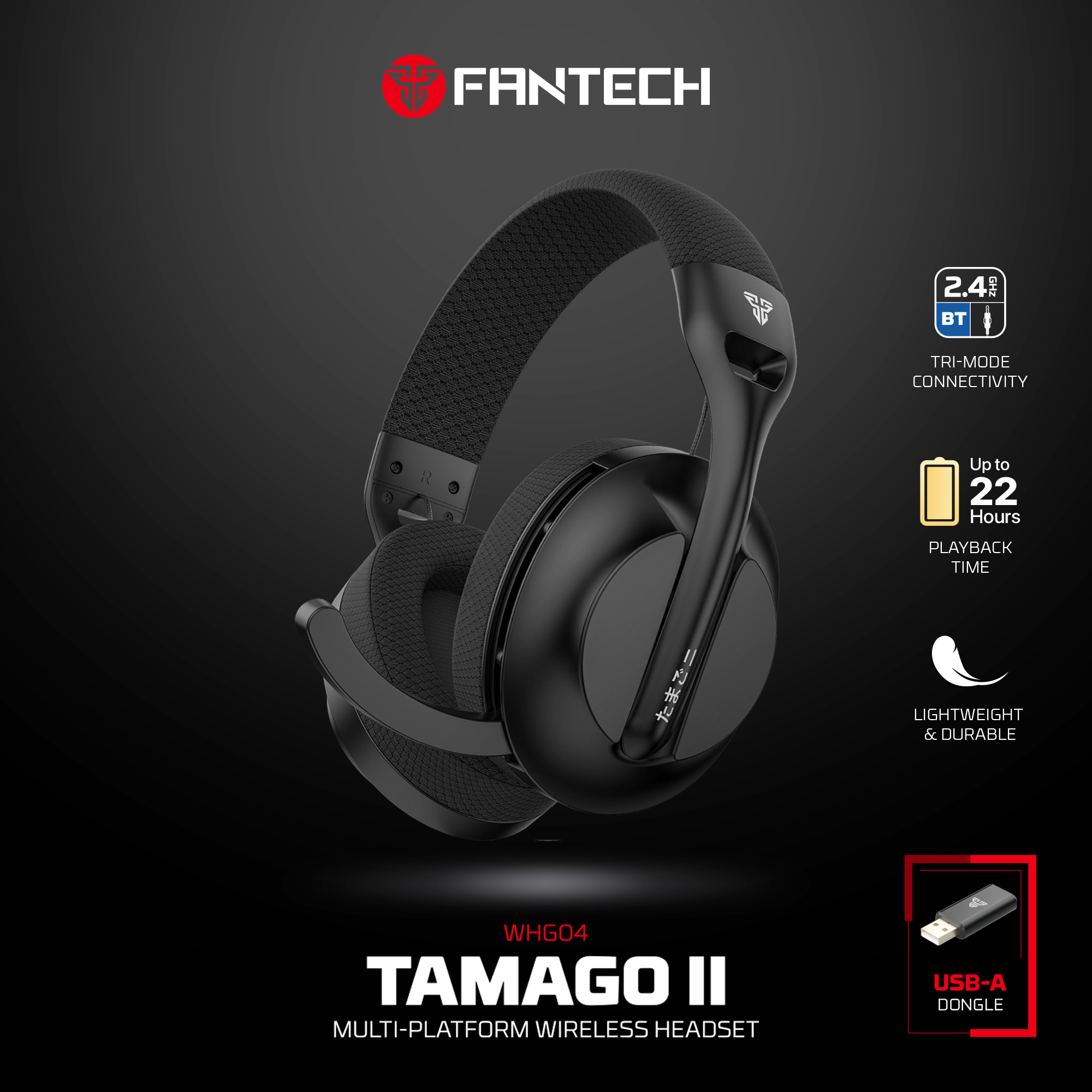 Fantech Tamago II WHG04 Multi-Platform Wireless Headset Tri mode Connection Gaming Headphones(BLACK)