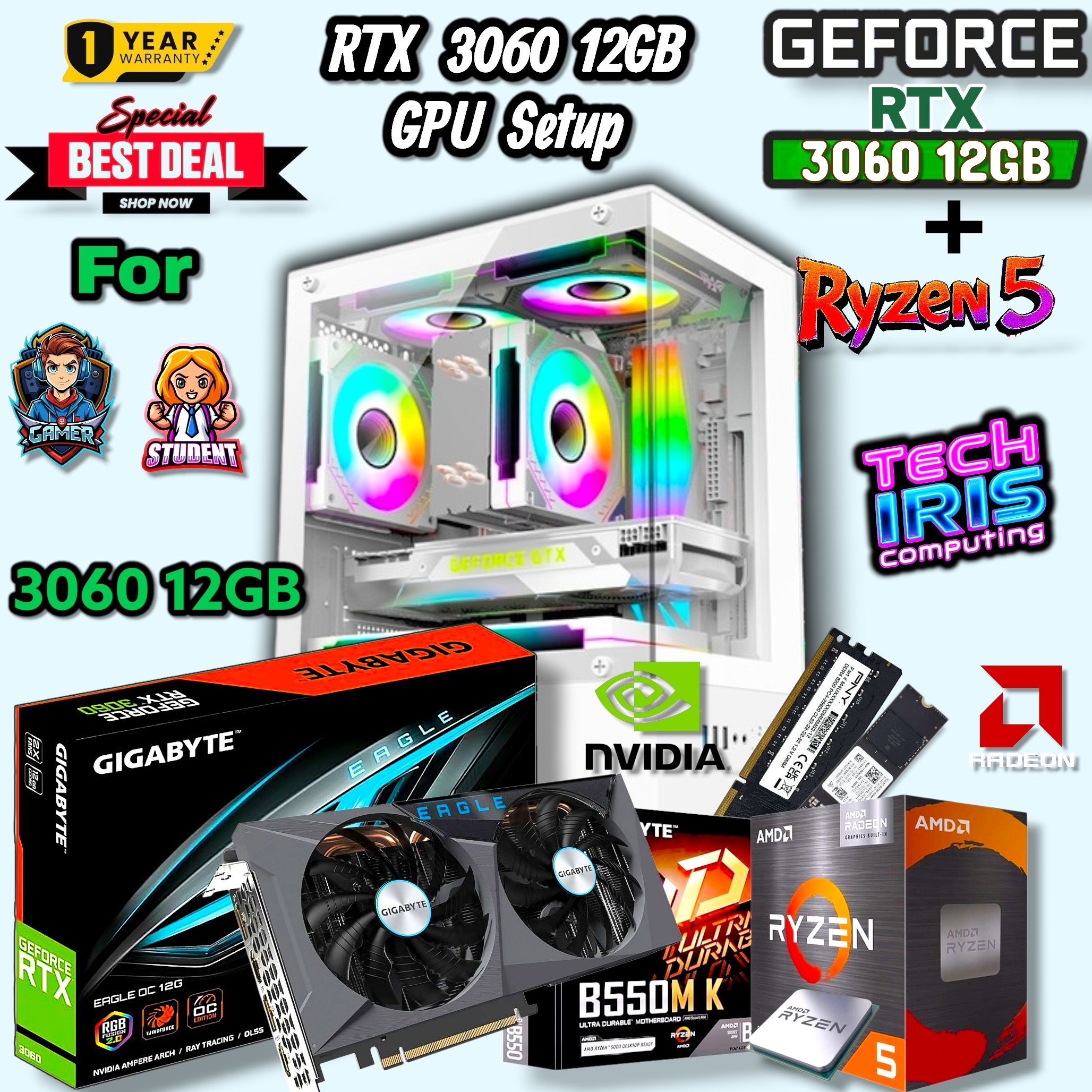RTX 3060 12GB Graphics Powered PC Setup With B550M/A520M Board, 8/16GB DDR4 RAM, 750Watt Bronze PSU Gaming Editing Computer Desktop.