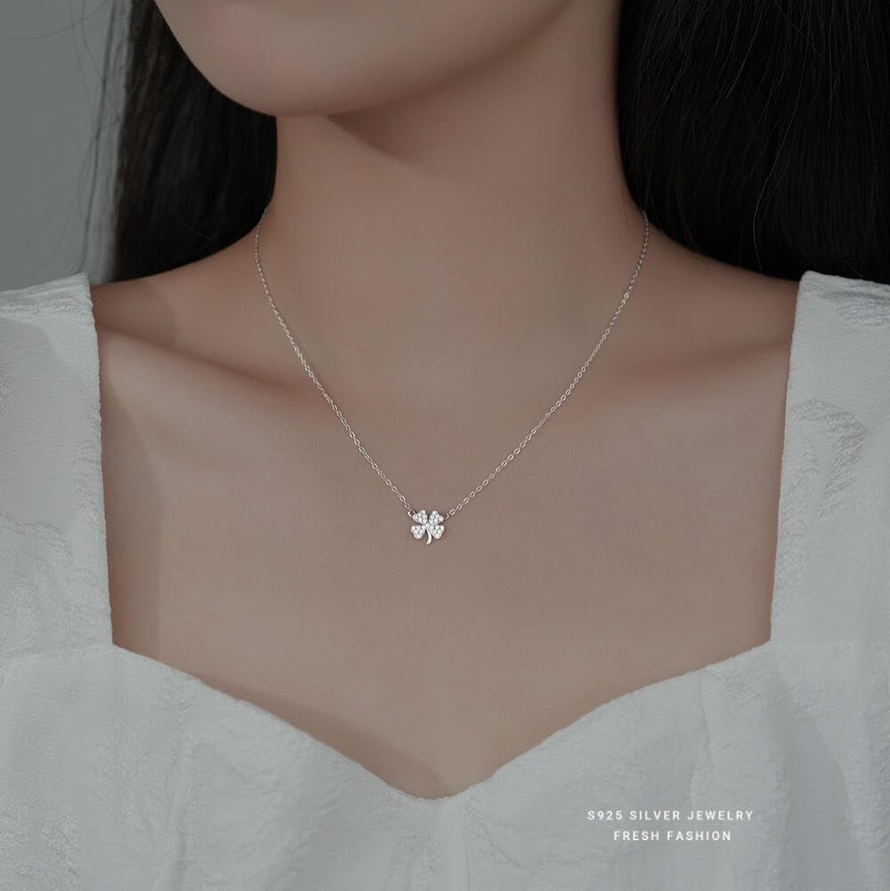 Four Leaf Clover Pendant Necklace, Lucky Charm Clavicle Chain Dainty Vintage Costume Jewelry Party Fashion Necklace For Women, Silver Color
