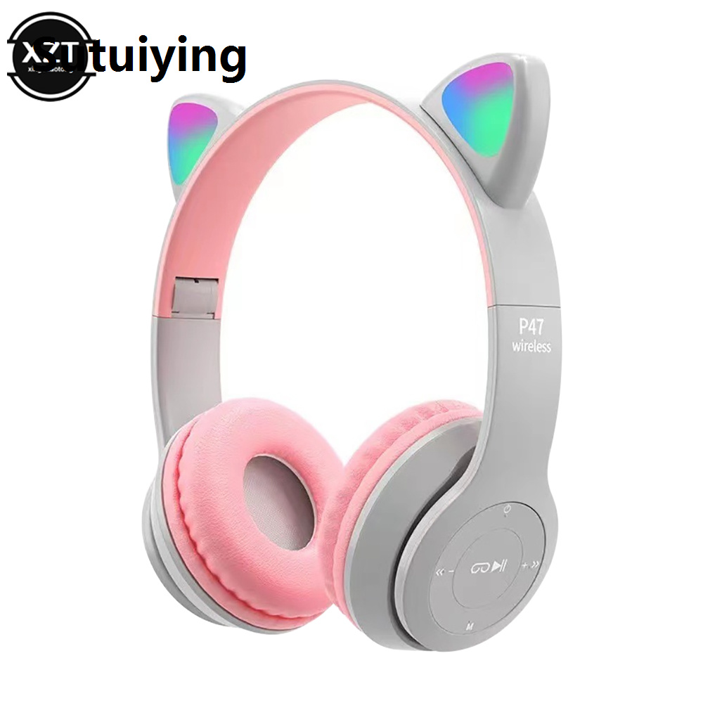 Sutuiying Girls Stereo Fold Wireless Headphones Kids Cute Cat Ears Bluetooth Compatible Headphones With LED Stacks Sports Headphones With Microphone
