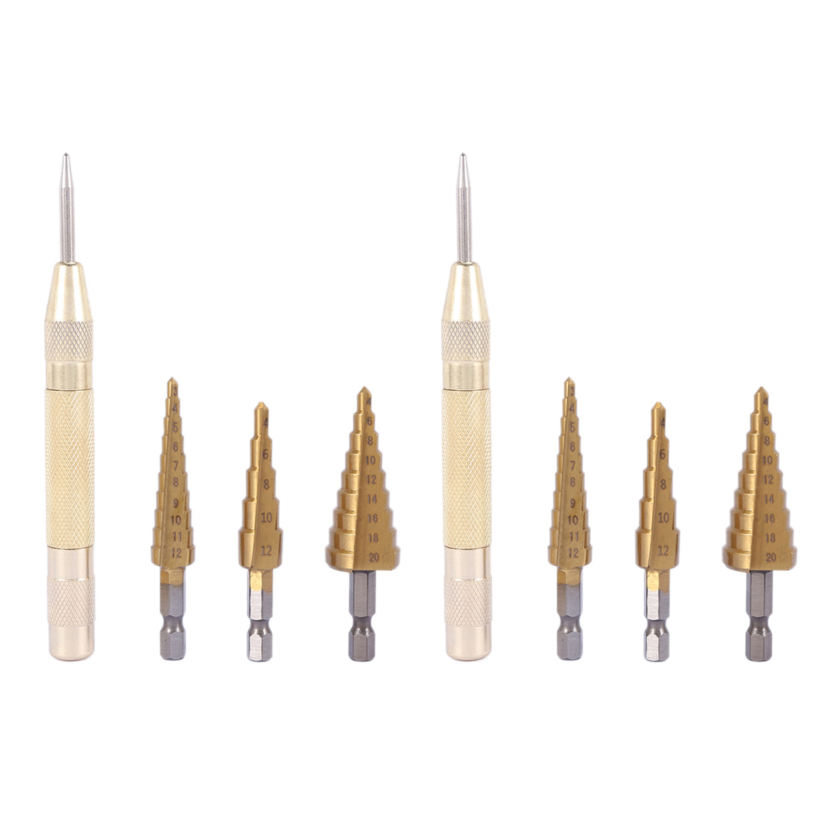 NAMUNY 6 pcs HSS Titanium Step Drill Bit Set & 2 pcs Automatic Center Punch