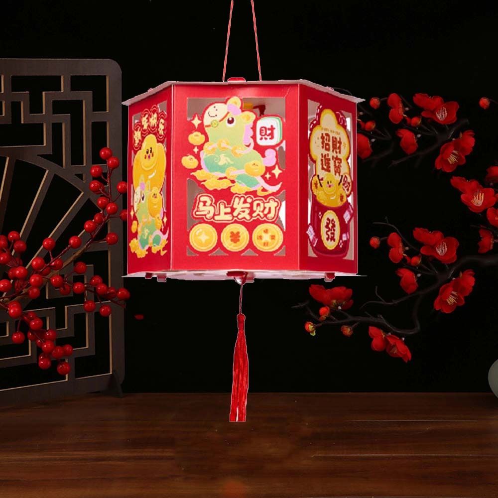 DIY Material Kit Cartoon Chinese Style Lantern Handmade Craft Projection Feature Handheld Lantern with Tassel Blessing Words LED Luminous Lantern Spring Festival