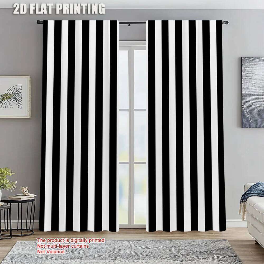 2pcs, spring summer Curtains Striped black white pattern image Art Digital Print Drapes Durable 100% Polyester Fabric Holiday