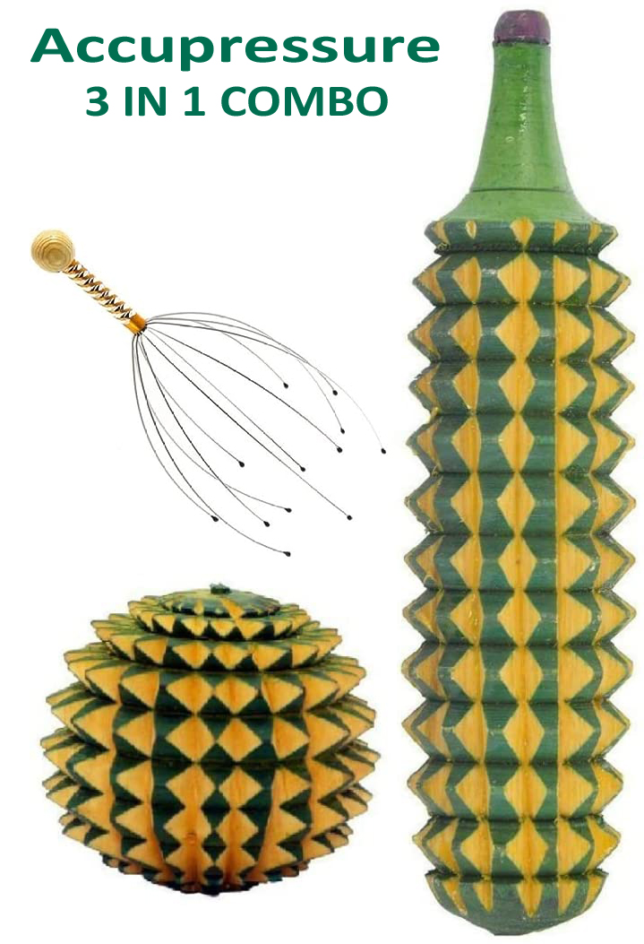 Acupressure Wooden Karela Ball Combo Massager - 1 Ball 1 Karela 1 Head Massager (Multi colours)