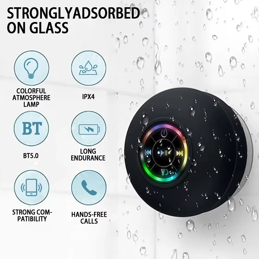 Multifunction Wireless Mini Bluetooth Speaker Portable LED Lights Shower Subwoofer 3D Surround Stereo with Suction Cup Waterproof Handsfree Loudspeaker Pool