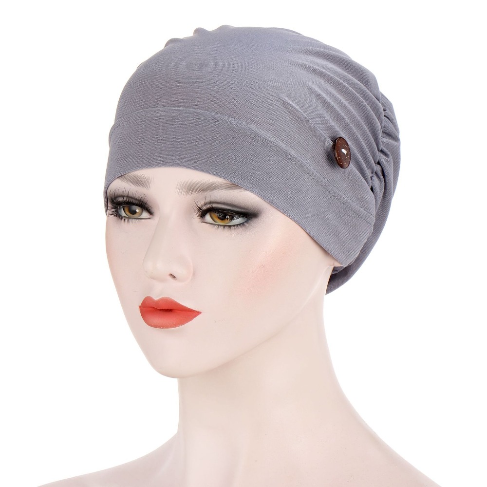 New Solid Color Pleated Turban Hair Accessories Ear Protection Chemo Cap Cotton Cap Button Render Women