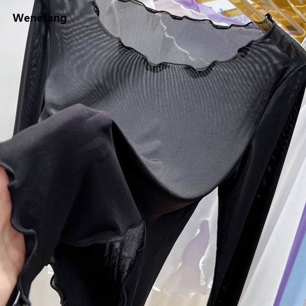 Wenefang Ice Silk Mesh Bottom Blouse for Women Summer Wear Sunscreen High Quality Long-sleeved T-shirt Foreign Aura Edge Tulle Perspective