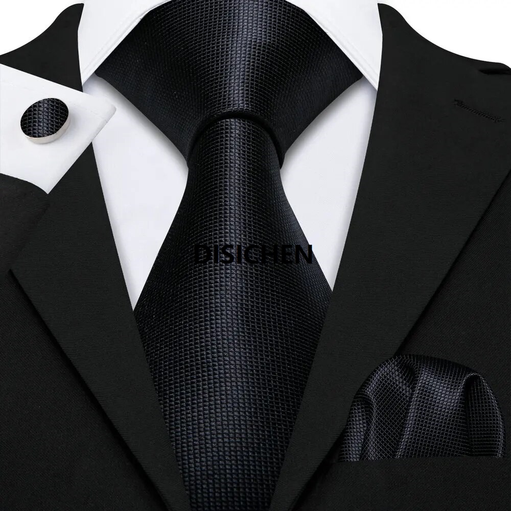 DISICHEN New Black Solid Necktie For Men With Pocket Square Cufflinks Set Formal Silk Suit Ties Business Party Designer Barry.Wang 0251 Special