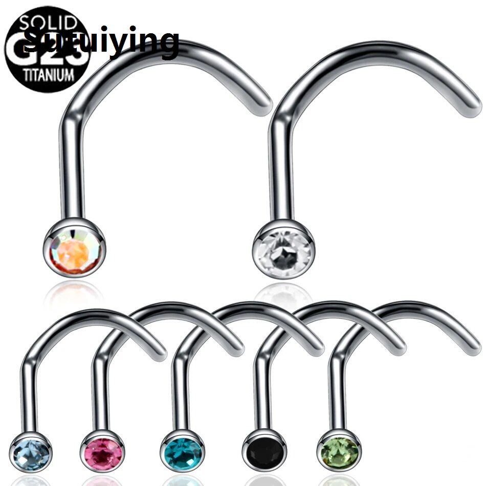 Sutuiying 1PC ASTM-F136 Titanium Nose Piercing Ring Stud Prong CZ Screw Shape Nostril Jewelry 20g 18g Tragus Earrings Body Piercing