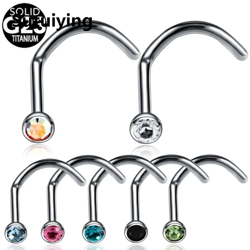 Sutuiying 1PC ASTM-F136 Titanium Nose Piercing Ring Stud Prong CZ Screw Shape Nostril Jewelry 20g 18g Tragus Earrings Body Piercing