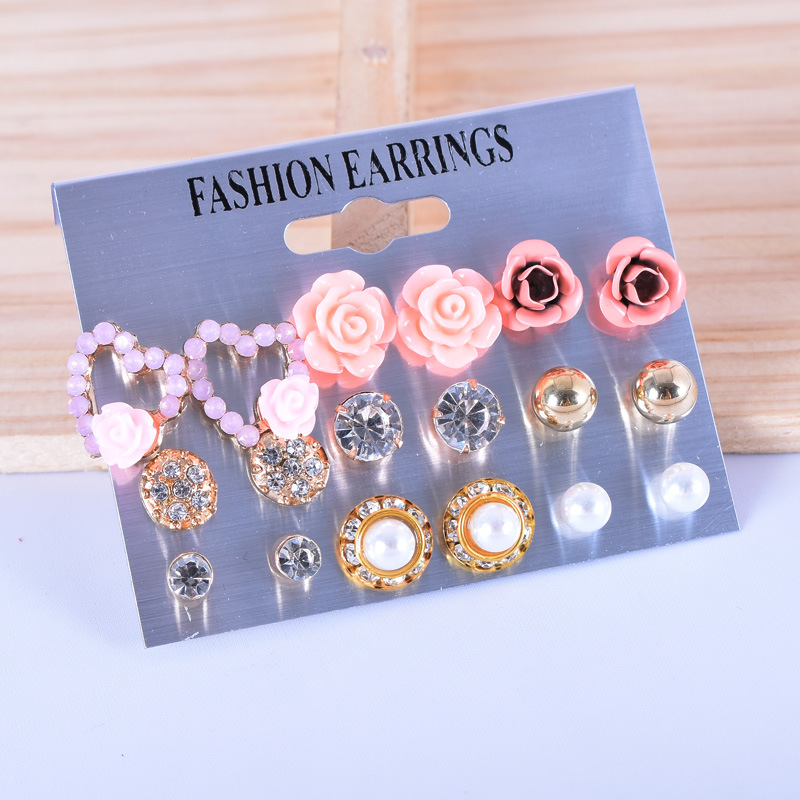 【Hottest Trends】Korean Style Elegant Earrings Multi-pair One Card Combination Earrings Simple All-match Earrings Women's 9 Pair