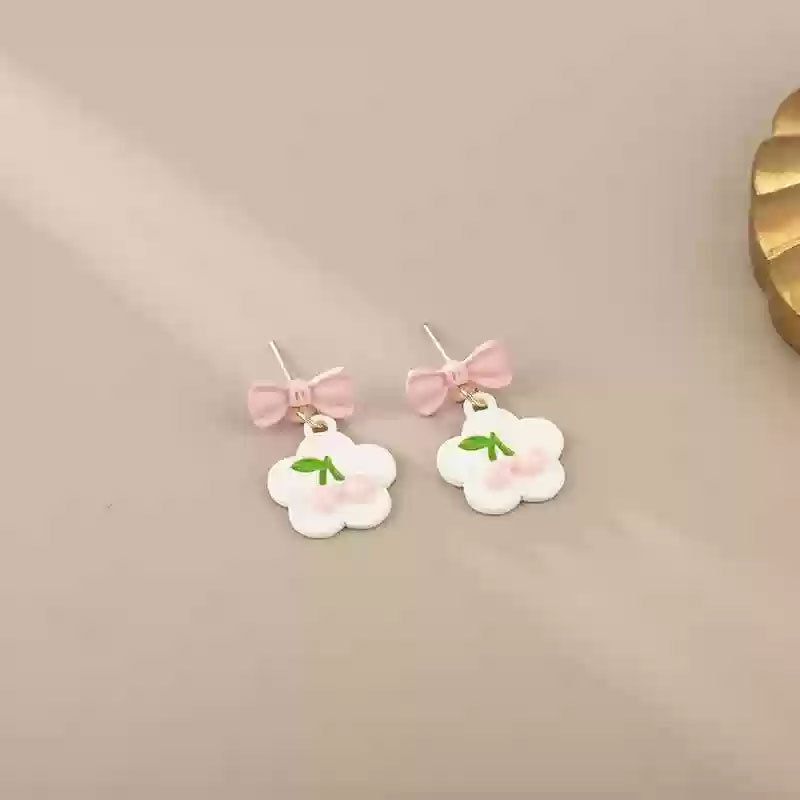 【New Arrivals】Sweet Style Pink Bow Earrings 2024 Popular Niche Gentle High-end Cherry Flower Fashion Earrings for Women