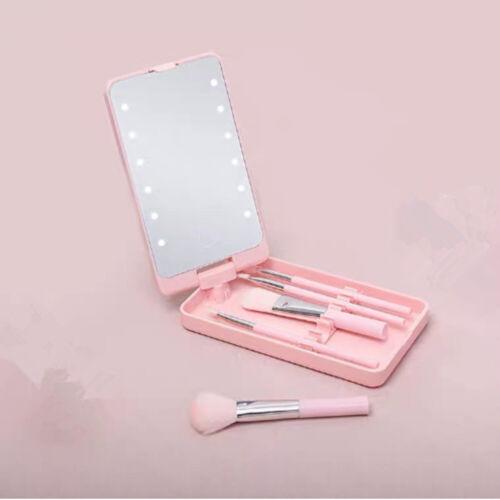 Makeup Brush Set with Mirror, Rotating and Foldable Cosmetic Brush Set with LED Lighting, Integrated Brush Storage for Makeup, Eyebrow Grooming, Eyeliner Application