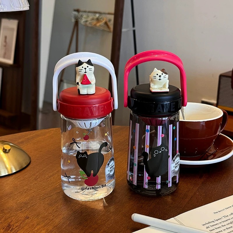 Summer Cute Chubby Cat Plastic Water Bottle With Cartoon Handle - Portable, Stylish Mini Eco-Friendly Water Bottle CF8