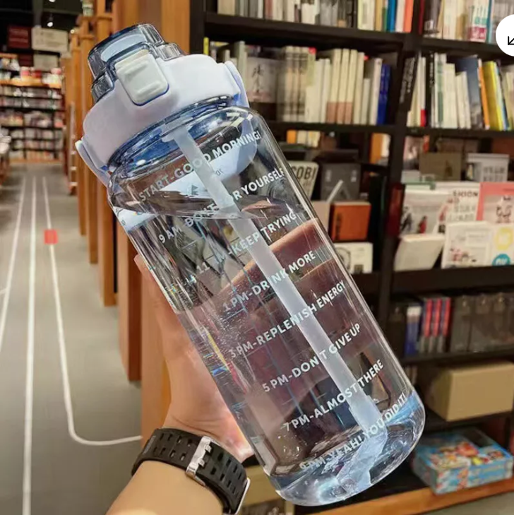 2000ML Water Bottle with Straw Large Portable Travel Bottles Sports Fitness Cup Summer Cold Water with Time Scale