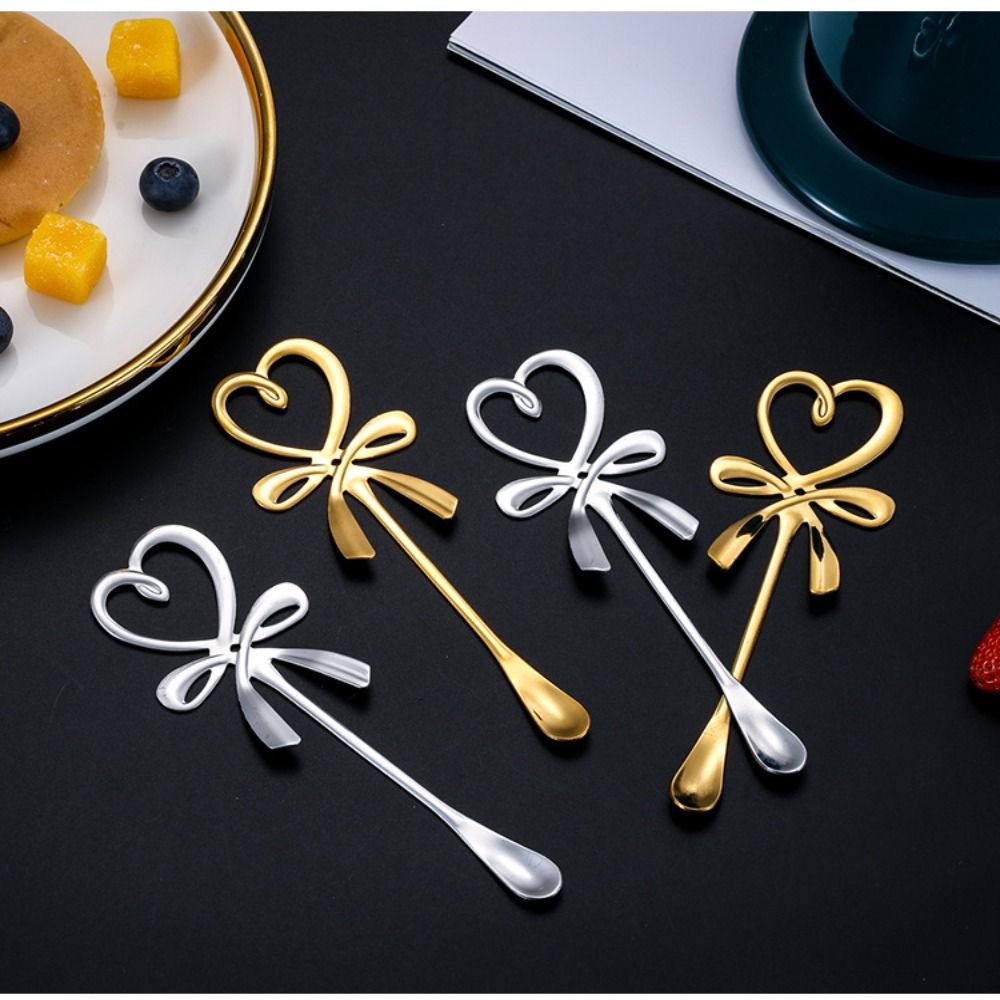Mini 3D Coffee Spoon Bow Knot Gold Silver Tea Dessert Spoon Heart Shaped Stainless Steel Hanging Spoon Flatware