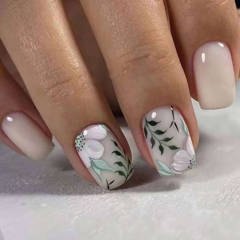24Pcs Simple Blue Fake Nail with Green Leaves Design Short Square Head False Wearable Acrylic Finsied Press on Nails