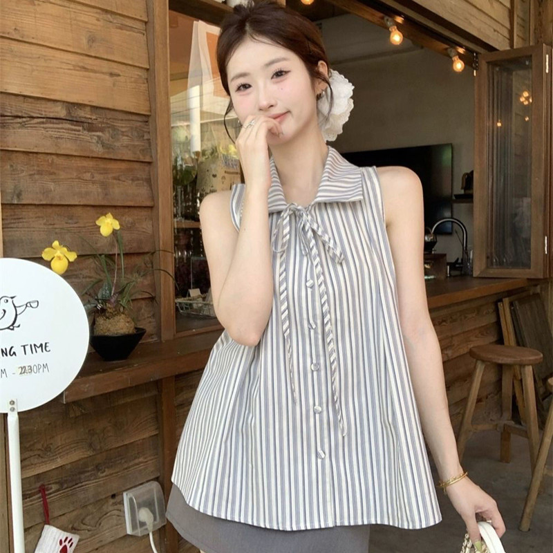 New Striped Bow Shirt For Women Summer Fashion Sleeveless Top Slimming Vest Casual Style Korean Version Shirts