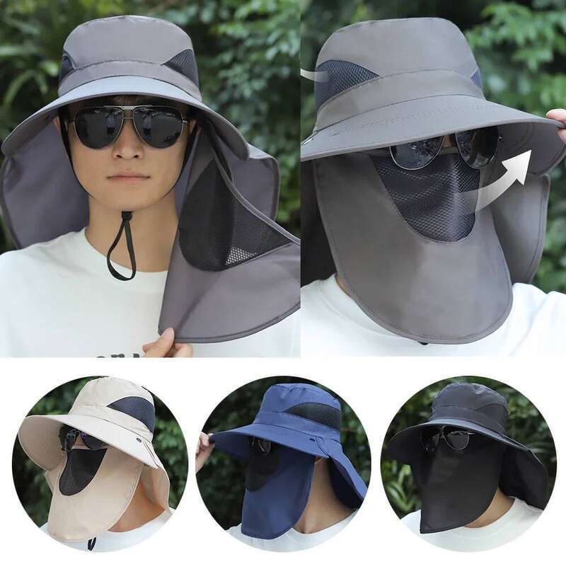 1pc Summer Sun Hats UV Protection Outdoor Hunting Fishing Cap Mens Panama Hiking Camping Bucket Neck Flap Fisherman Hat