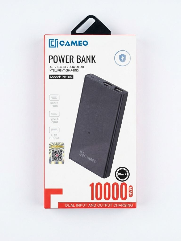 PB105 Powerbank (10000MAH) - Durable PC+ABS Body, Polymer Battery, Dual Output Fast Charging with Charging Cable Included