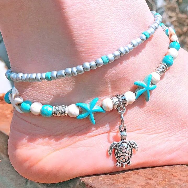Masala Beads 2pcs Shell Beads Double Layer Anklet Heart Chain Anklets Summer Fashionable Jewelry Multilayer Chain For Women's