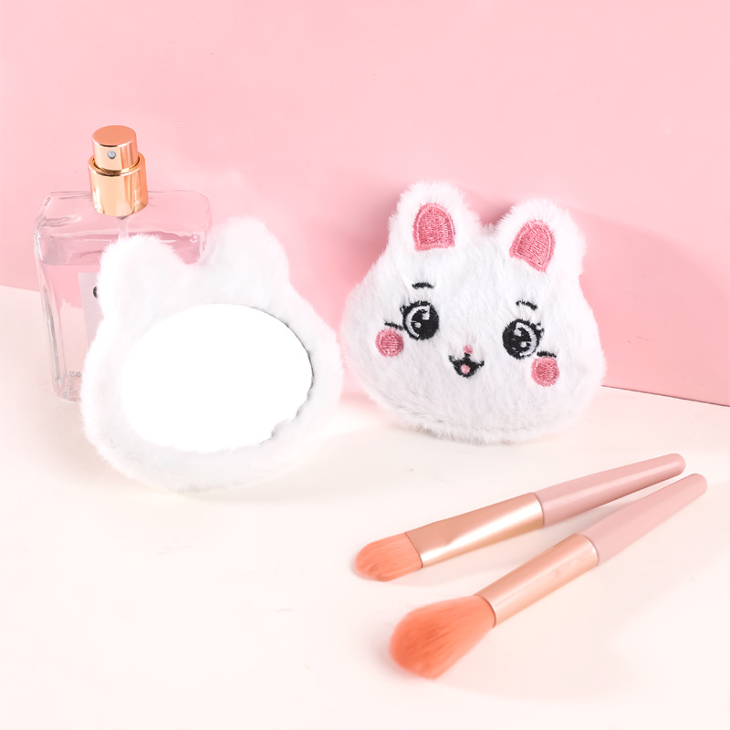 Cartoon pendant bag hanging mirror round plush cute makeup mirror portable pocket decoration rabbit makeup mirror girl