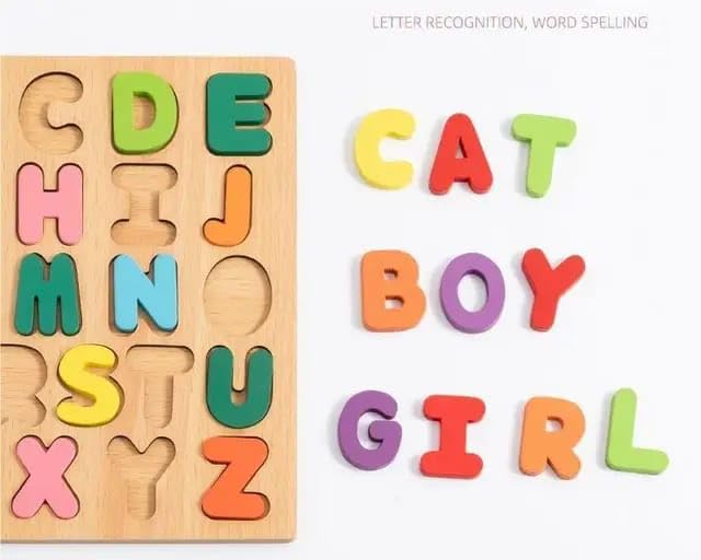 3D Wooden Capital Alphabet Puzzle with Pictures - Multicolor Montessori Educational Learning Toy for Kids & Toddlers