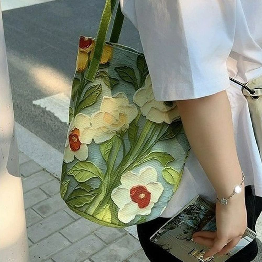 New Floral Pattern Bucket Bag Casual Canvas Shoulder Bag Creative Large Capacity Handbag for Women