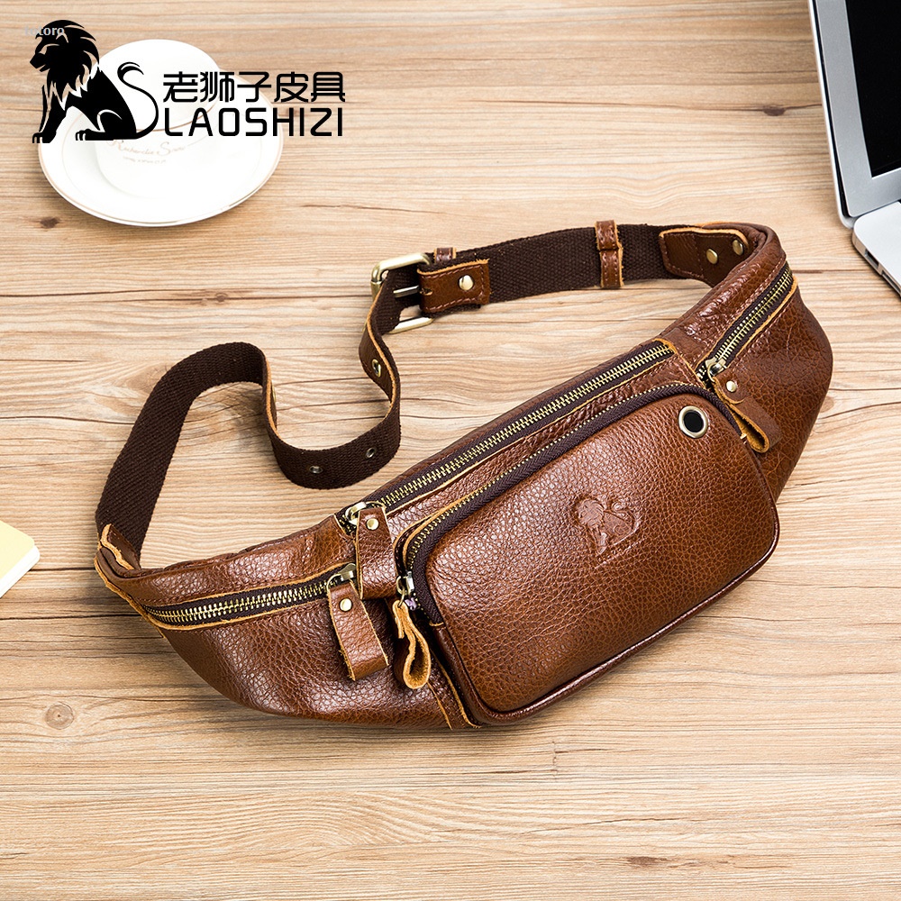NEW totoro LAOSHIZI Men's Genuine Leather Waist Packs Multifunction Fashion Sales promotion Leather Chest Bag Sports Casual Leather Travel Pocket Phone Bag