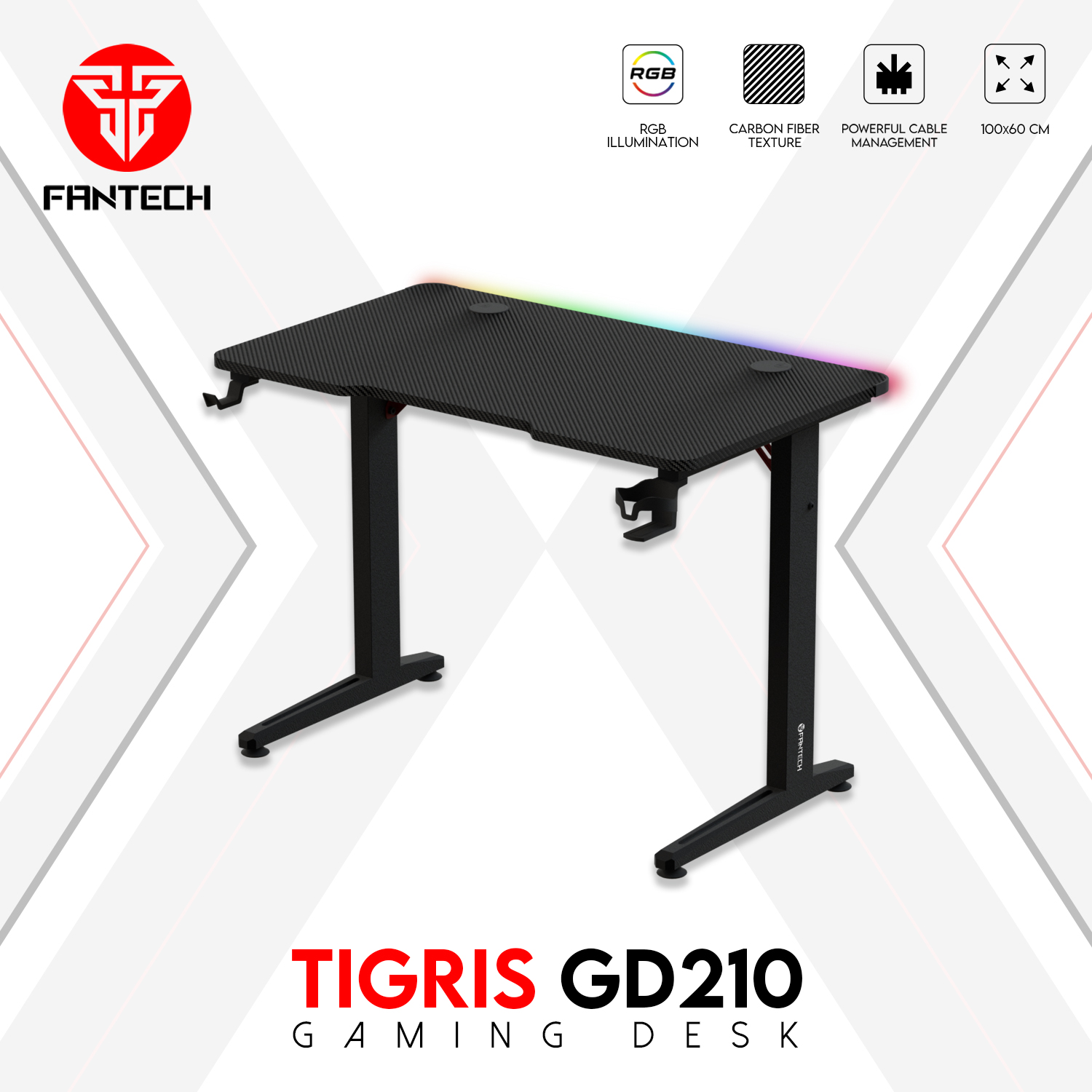 Fantech GD210 Tigris New Black Gaming Desk with Sturdy Steel Frame, Cable Management System, and Cup/Headset Holder