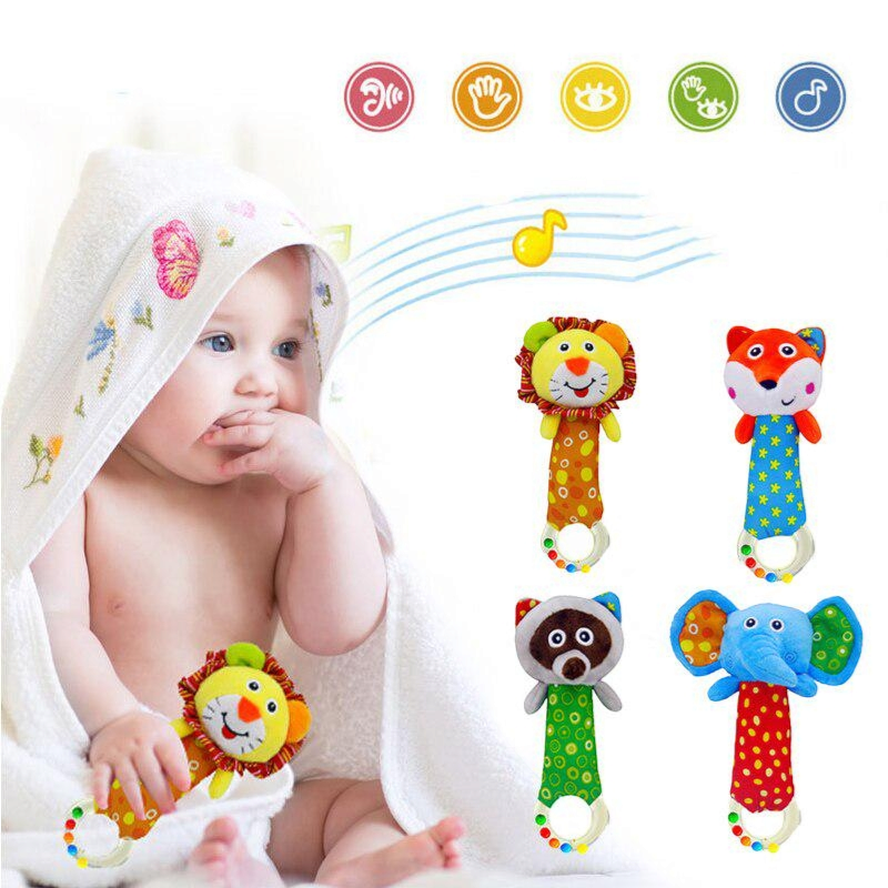 Baby Rattle Soft Plush Animal Hand Bell Toy - Educational Shaker Sound Toy for Newborns and Infants - Soothing Stuffed Animal for Sensory Development (Lion/Elephant/Fox/Raccoon)
