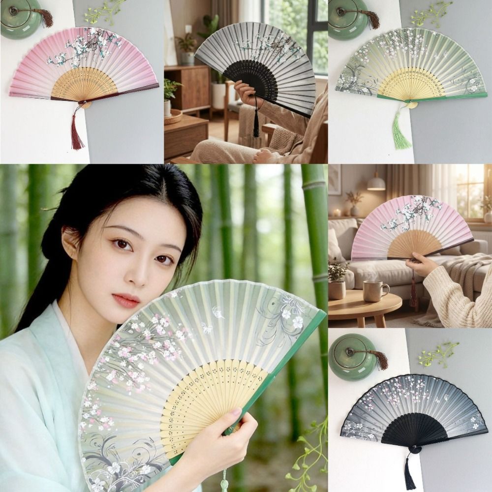 Portable Silk Chinese Japanese Folding Fan Colorful Floral Pattern Classical Dance Fan Bamboo Translucent Decorative Fan for Gift Giving