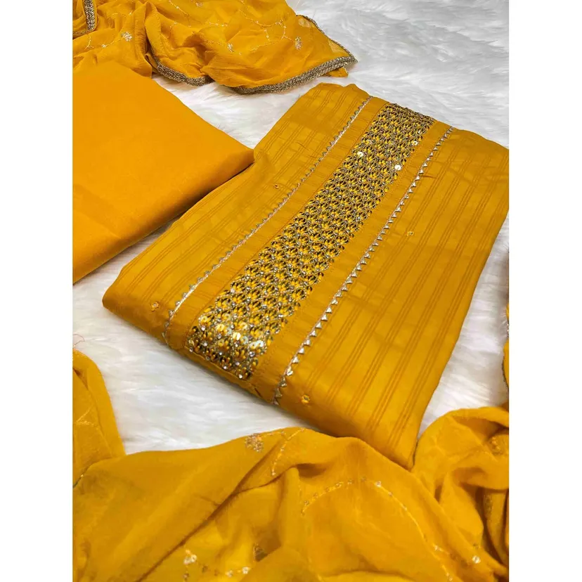 Ns Fashion Cotton Unstitched Suit Piece For Women Trendy Design Premium Quality All Season Wear Modern Look Yellow