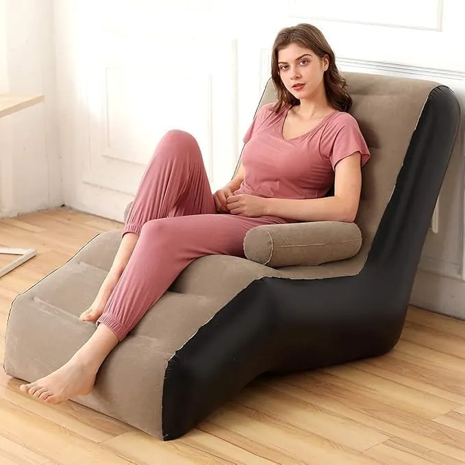 Rubberwood Inflatable Lazy Sofa Chair with Household air Pump, Foldable Lounge Chair with Armrests for Living Room, Bedroom, Office,Travel, Camping, Black, Grey