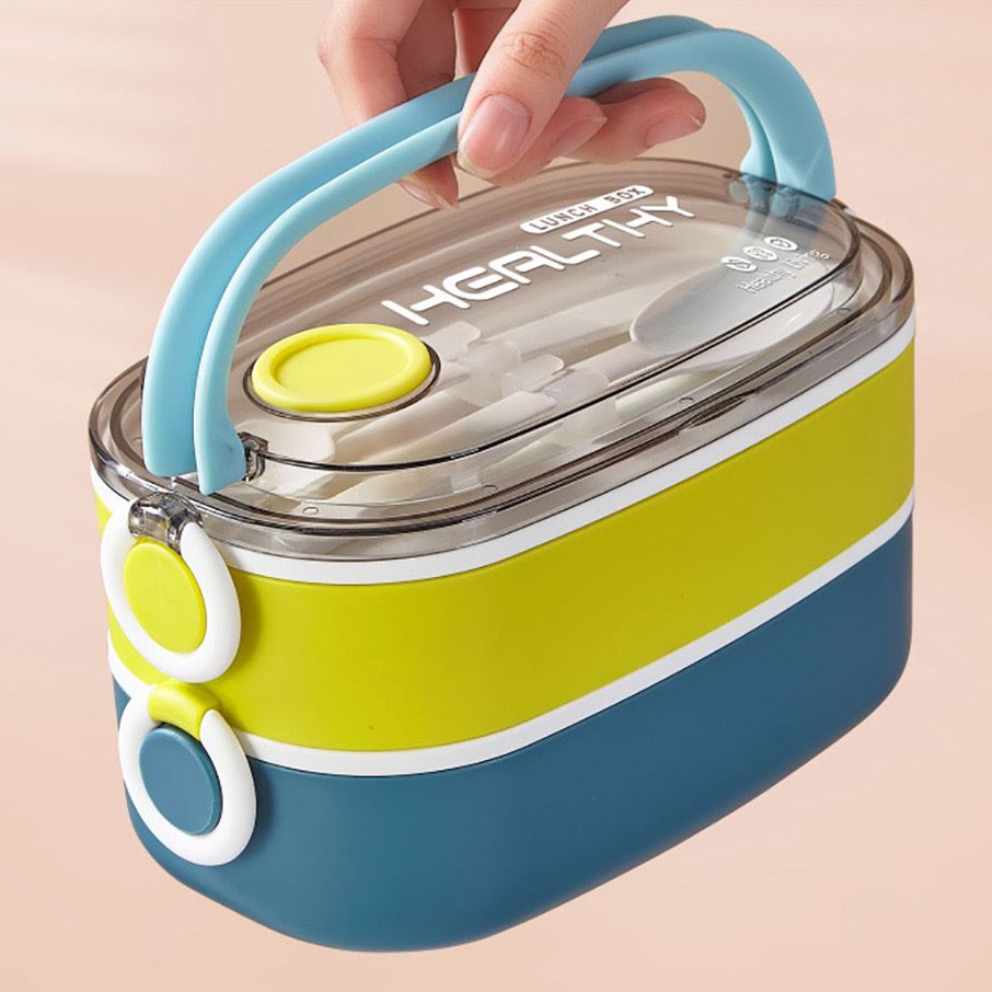 Double Layer Lunch Box Portable Microwave Bento Box Large Capacity Leakproof Food Container with Cutlery Set for Back To School