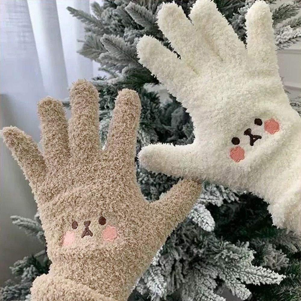 Cartoon Embroidery Blush Bear Girls Gloves Knitted Plush Knitting Mittens Thick Warm Finger Cycling Gloves Cold Outdoor