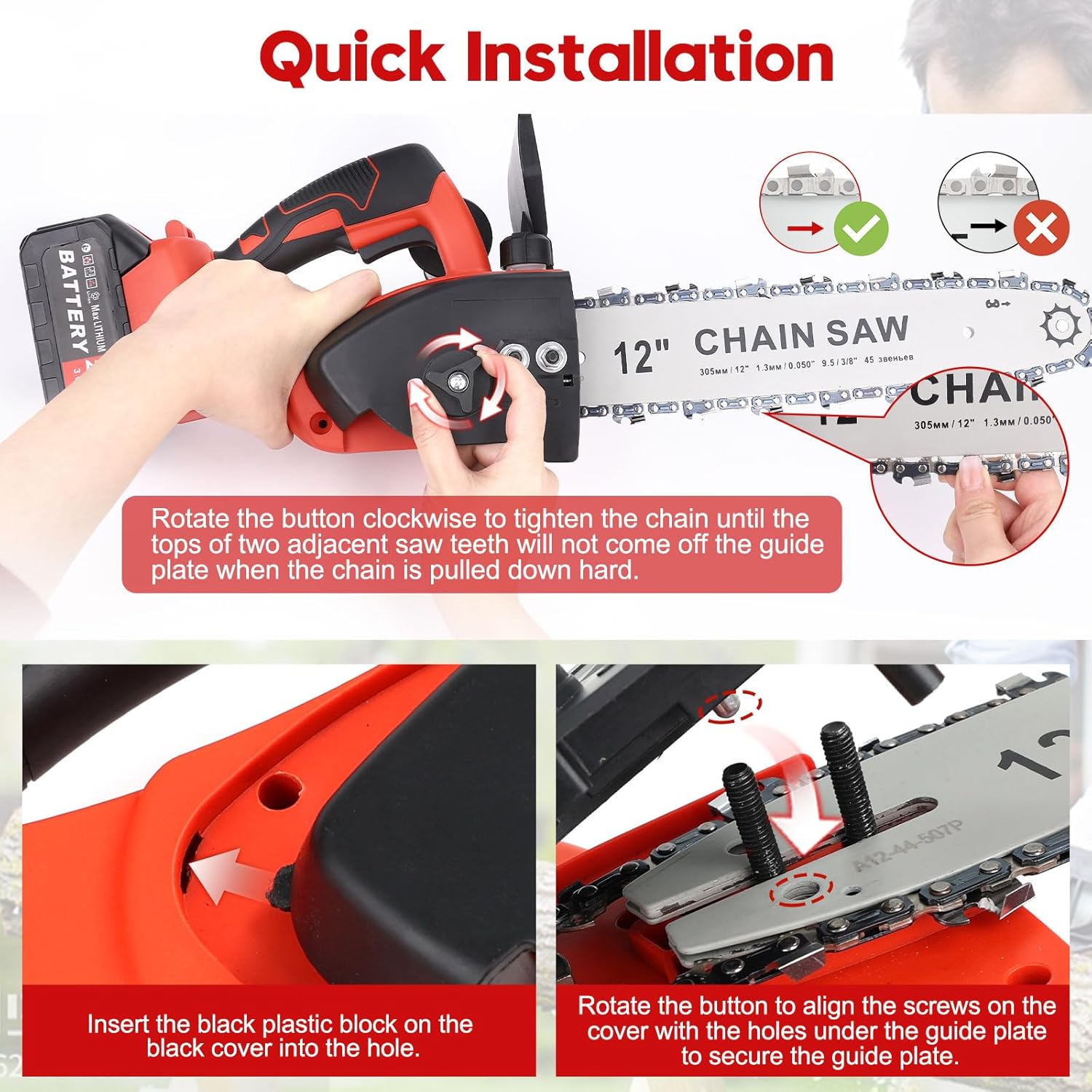 12'' Chainsaw Cordless Battery Rechargeable Wood Cutter Saw Chain Saws
