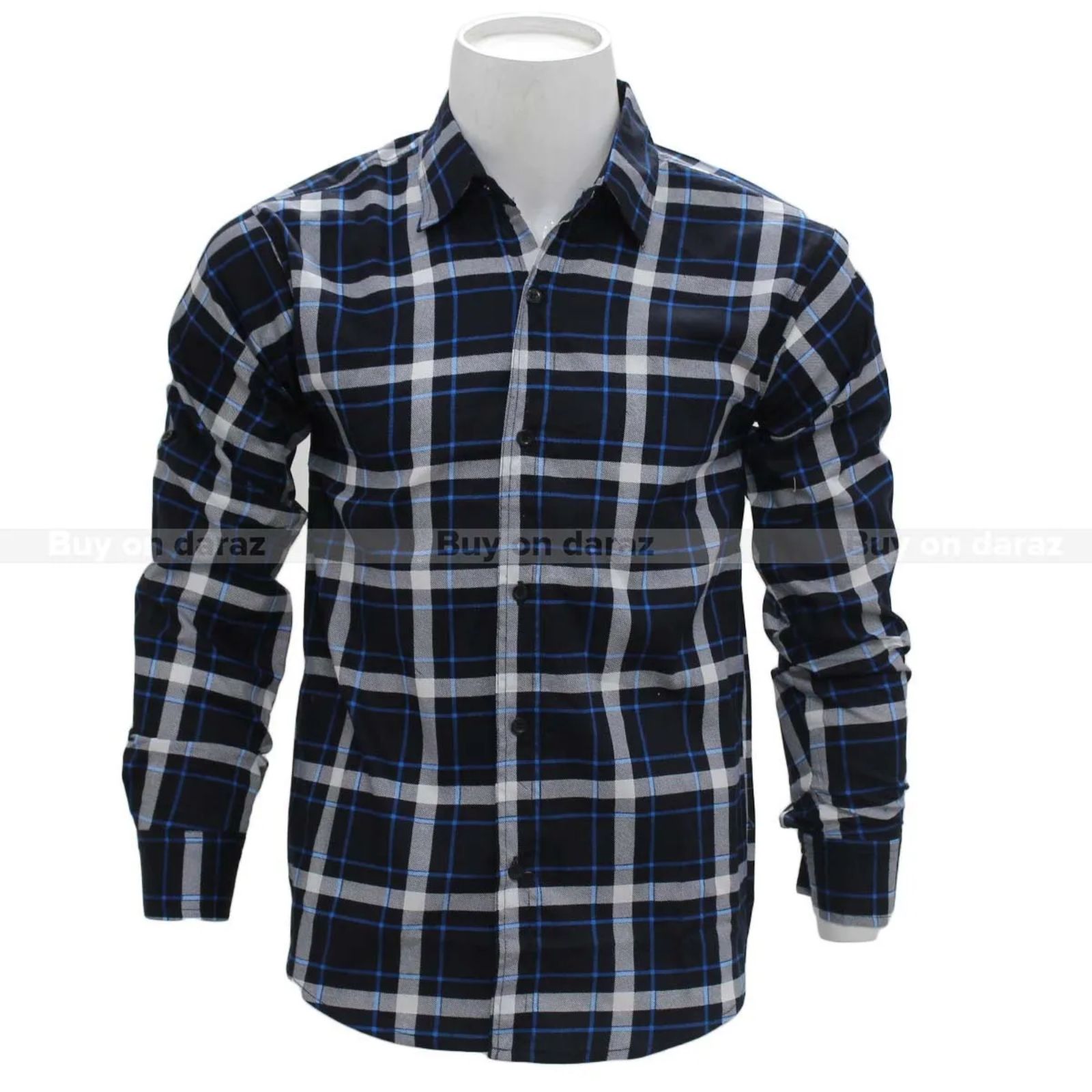 Dark Blue/White Square Check Print Design Shirt For Men